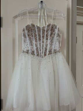 Jovani White Tulle Formal Dress with Rose Gold Embellishment